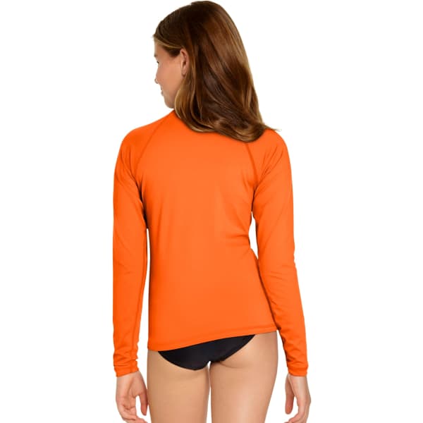 An orange long sleeve rash guard with a back view, featuring a fitted design and UPF 50+ protection.