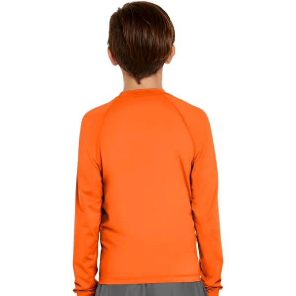 An orange long sleeve rash guard with UPF 50+ protection, featuring a simple design and a logo.