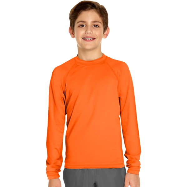 A youth long sleeve rash guard in vibrant orange, featuring a logo. Ideal for sun protection with UPF 50+.