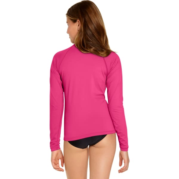 A youth long sleeve rash guard in vibrant pink, featuring a simple design and a logo on the back.
