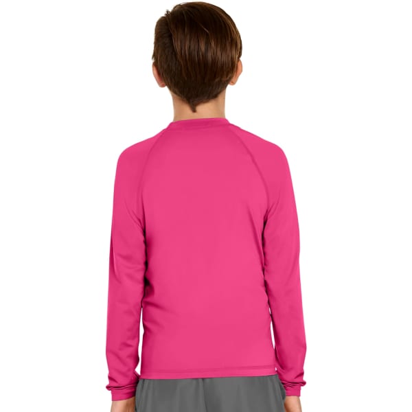 A youth long sleeve rash guard in vibrant pink, featuring a simple design and a logo on the back.