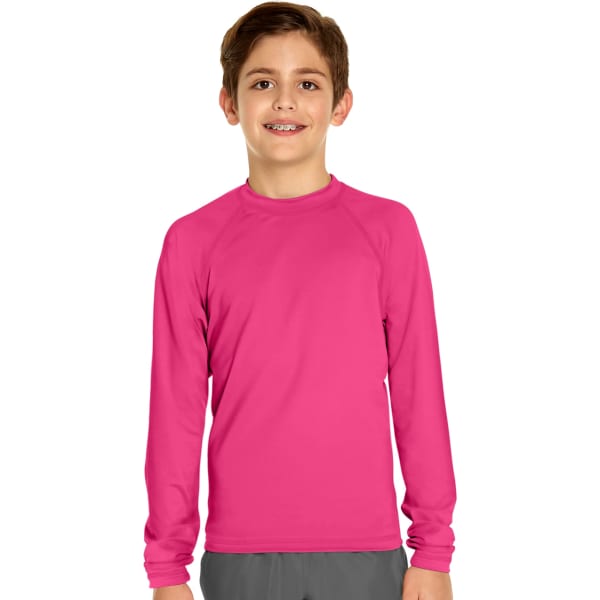 A youth long sleeve rash guard in vibrant pink, featuring a round neckline and a logo.