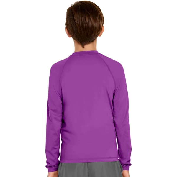 A youth long sleeve rash guard in vibrant purple with a simple design and a logo on the back.