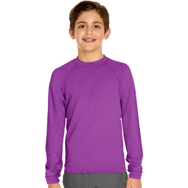 A youth long sleeve rash guard in vibrant purple, featuring a simple design and a logo.