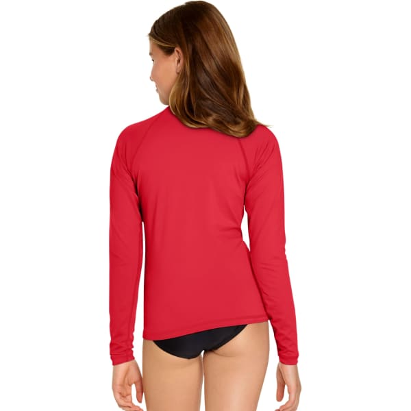 A red long sleeve rash guard, featuring a sleek design. The back view reveals a fitted silhouette and a logo.