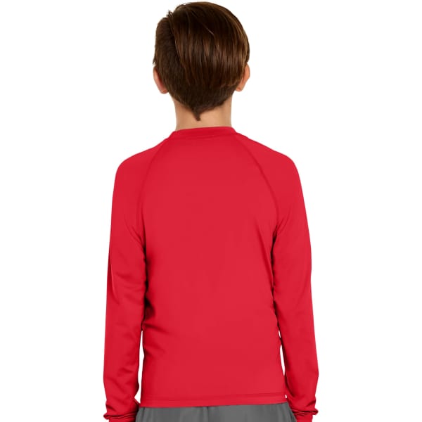 A youth long sleeve rash guard in red, featuring a snug fit and a simple design with a logo.