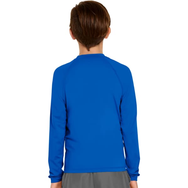 A blue long sleeve rash guard featuring a simple design and a logo on the back. It's made for youth and offers UPF 50+ protection.