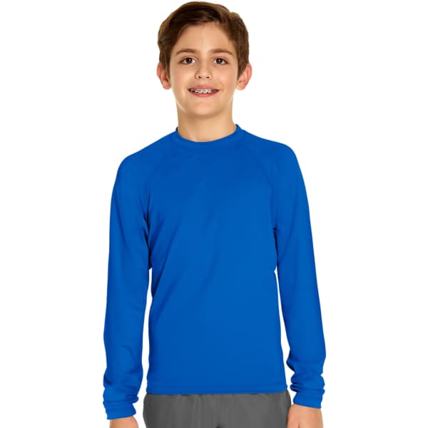 A youth long sleeve rash guard in bright blue, featuring a logo on the chest.