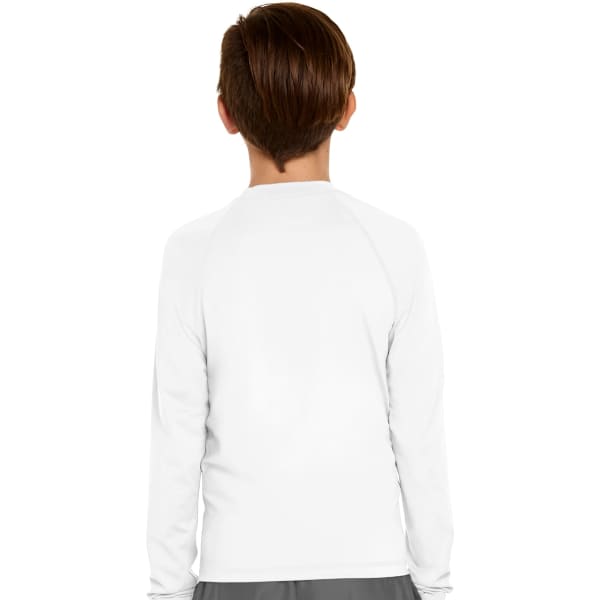 A white youth long sleeve rash guard with a rounded neckline and raglan sleeves, featuring a logo on the back.