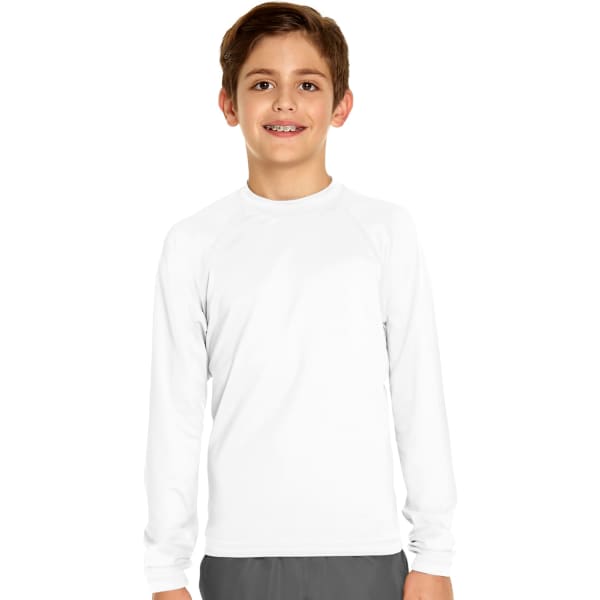 A white long sleeve rash guard designed for youth, featuring a fitted style and a logo on the sleeve.