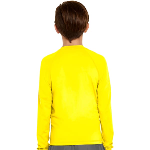 A yellow long sleeve rash guard with UPF 50+ protection, featuring a simple design and a logo.