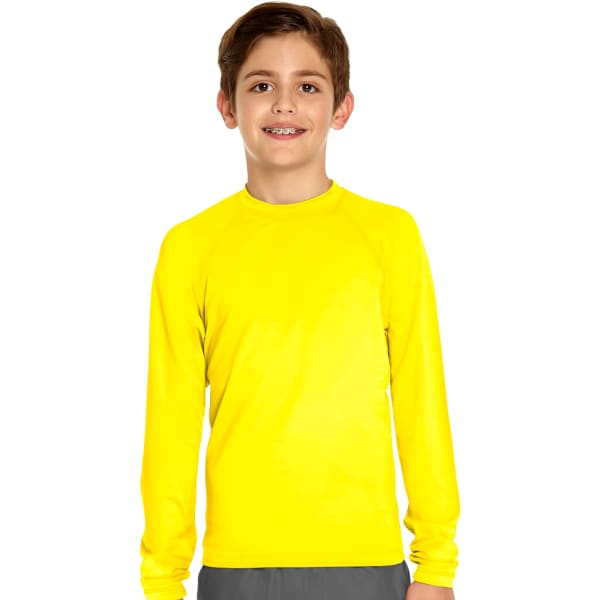 A yellow youth long sleeve rash guard with a round neckline, featuring a logo.