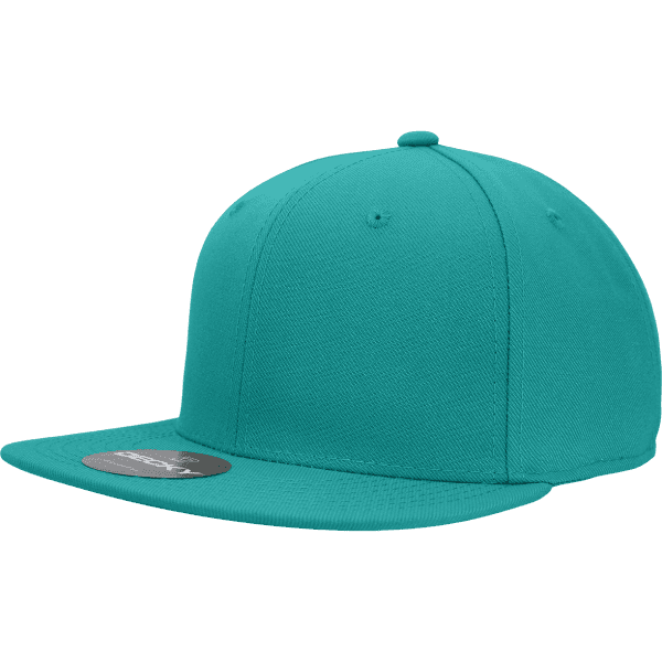 A teal 6-panel high profile structured fitted cap with a flat brim and a logo on the side.