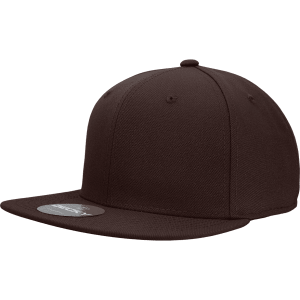 A brown fitted cap with a flat brim, featuring a logo on the front. It has a six-panel design.