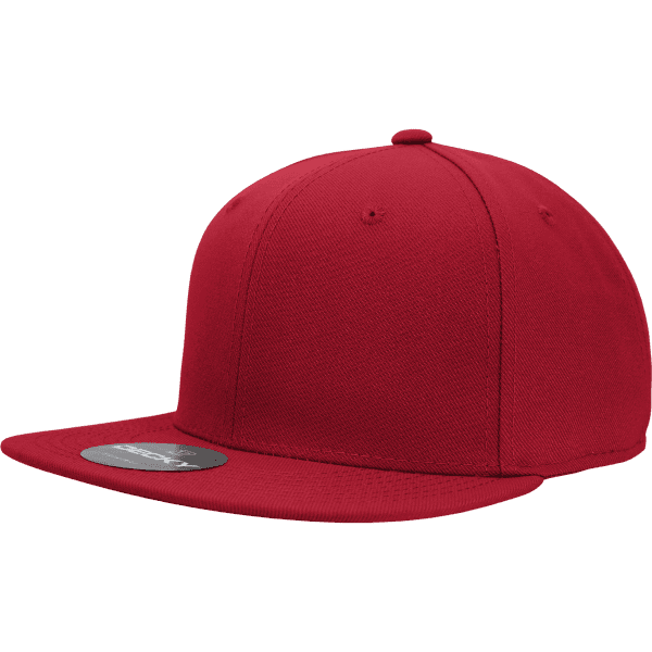 A maroon fitted cap with a flat brim and a logo on the front.