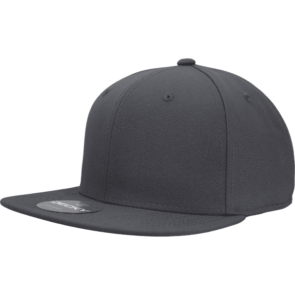 A dark grey fitted cap with a flat brim and a logo on the front. It features six panels for a classic look.
