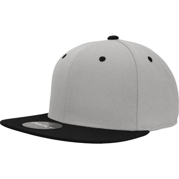 A six-panel fitted cap in grey with a black visor, featuring a logo on the front.