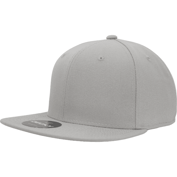 A fitted grey cap with a flat brim and a logo on the front, featuring a six-panel design.
