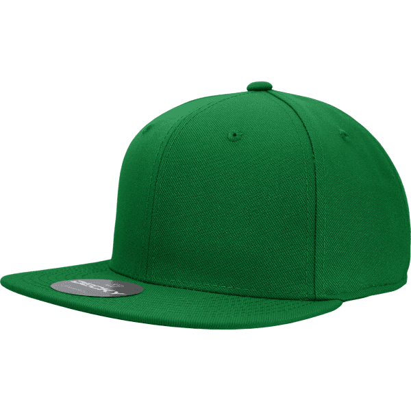 A green fitted cap with a flat brim and a logo on the side.