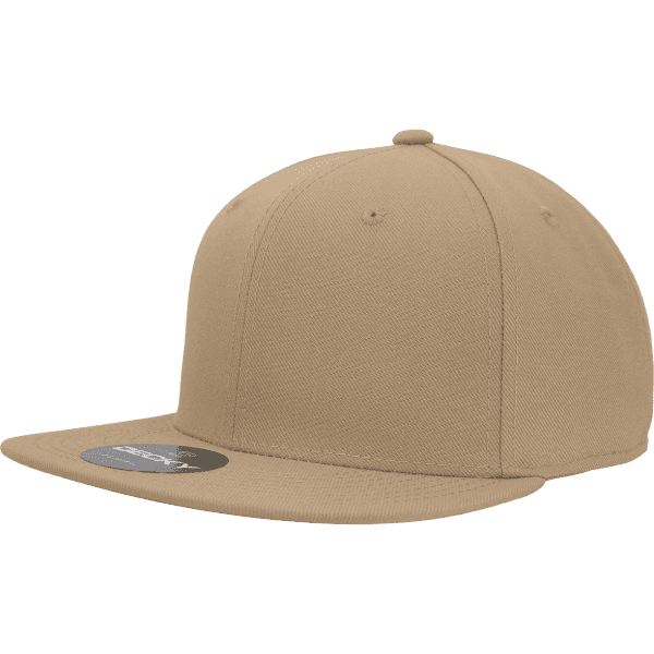 A tan fitted cap with a flat brim, featuring a logo on the side. It has six panels for a structured look.