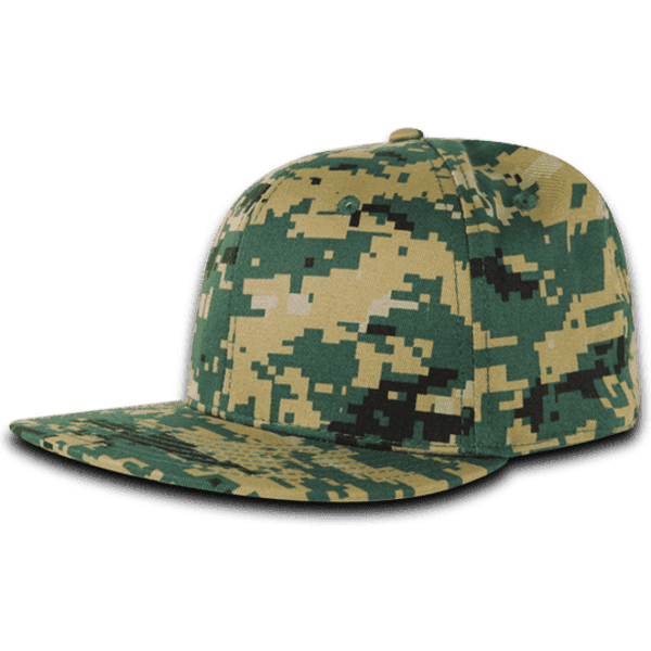 A camouflaged cap featuring a six-panel design with shades of green and tan, including a logo on the front.