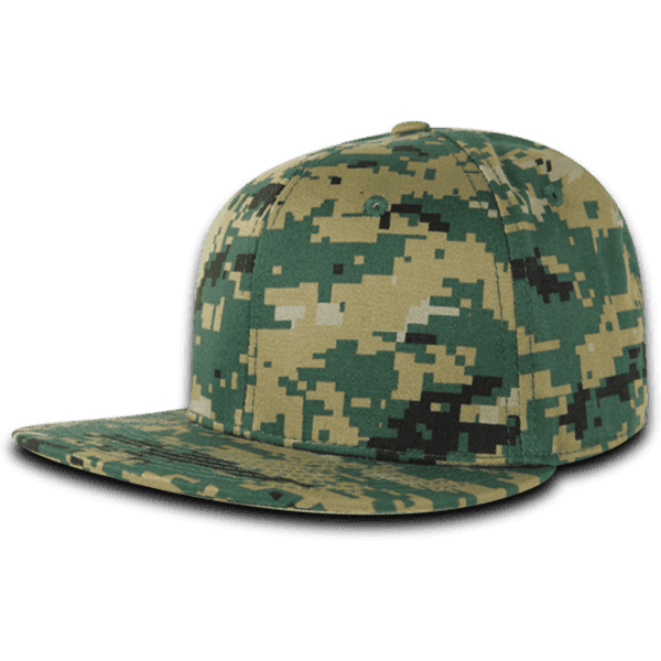 A camouflaged 6-panel high-profile structured fitted cap in green and beige tones, featuring a logo on the front.