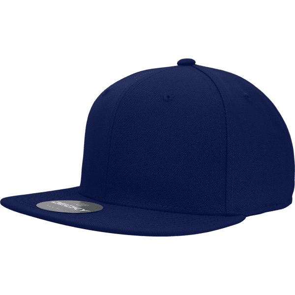 A navy blue fitted cap with a flat brim and a logo on the side.