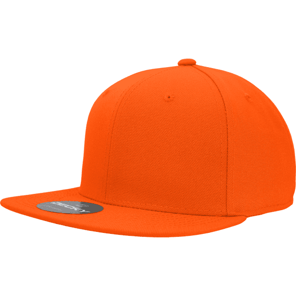 An orange 6 panel high profile fitted cap with a flat brim and a logo on the side.