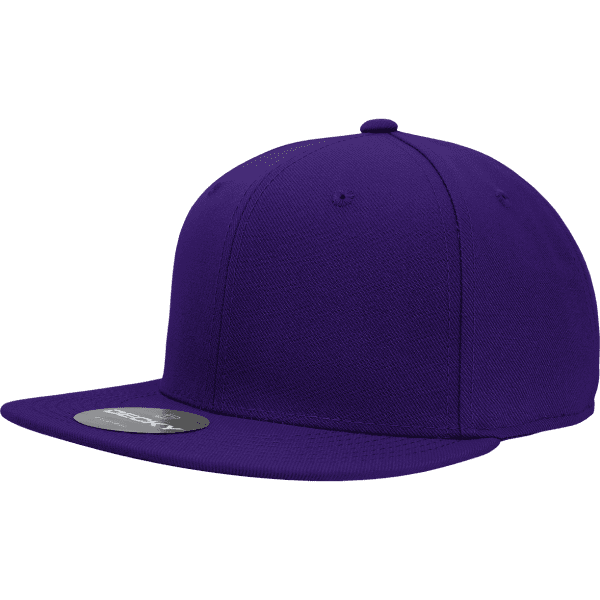 A purple 6 panel high profile fitted cap with a flat brim and a logo on the side.