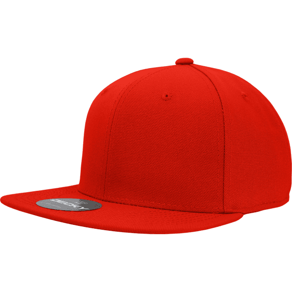 A red fitted cap with a flat brim, featuring a logo on the front and structured panels.