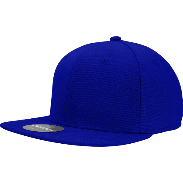 A blue fitted cap with a flat brim and a logo on the side, designed for comfort and style.