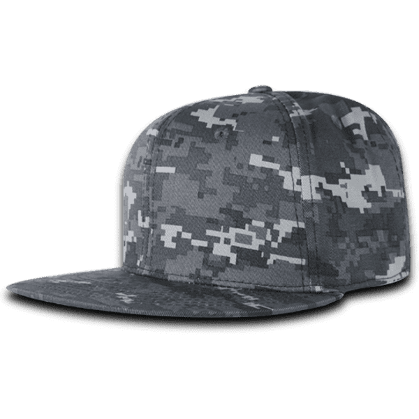 A fitted cap in a grey digital camouflage pattern, featuring a flat brim and branding on the side.