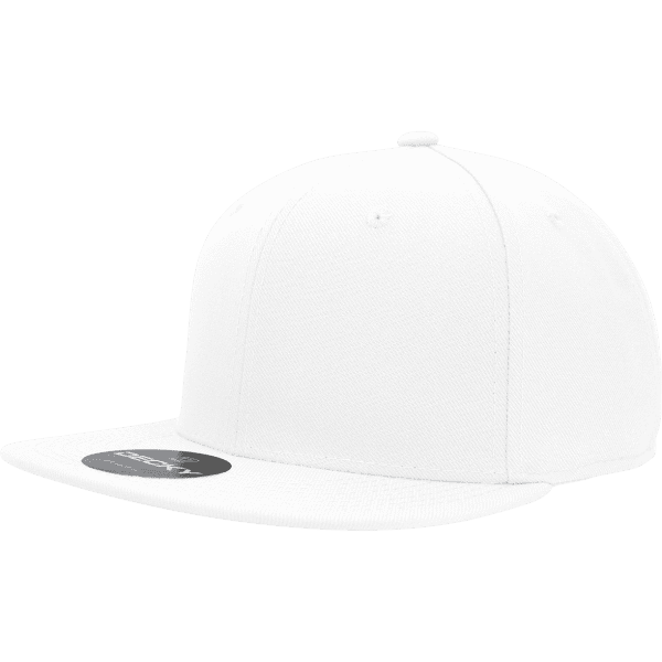A white fitted cap with a flat brim, featuring a logo on the front.
