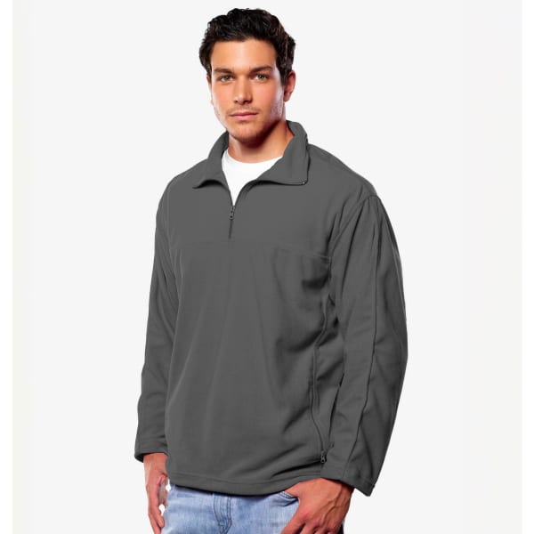 A grey 1/4 zip micro fleece pullover jacket is worn by a model standing against a plain background.