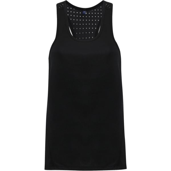 A black vest featuring laser cut detailing, with a sleeveless design and a scoop neckline. It has a logo.