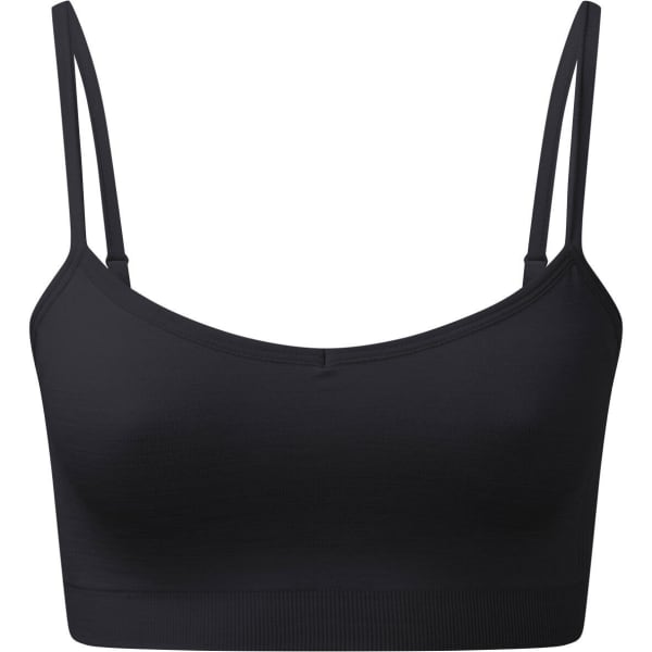 A black seamless sport bra with thin straps and a fitted design. It features a branding logo on the front.