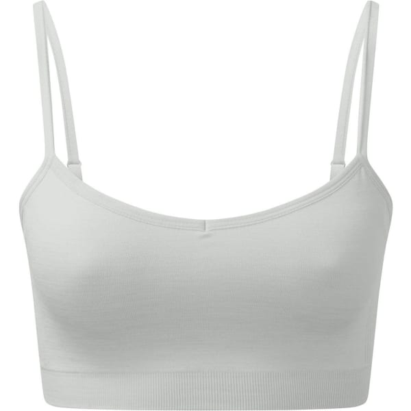 A white seamless sport flex bra with thin straps and a fitted design. It features a logo on the band.