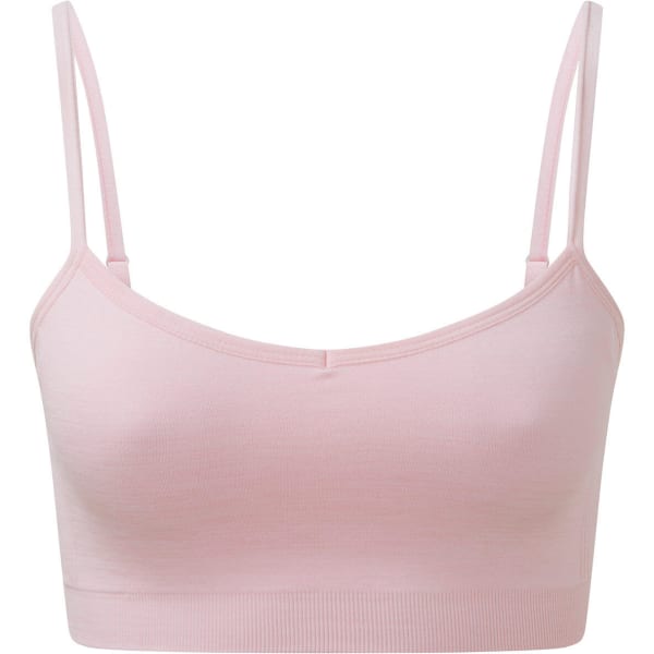 A light pink sport bra with thin straps and a seamless design. It has a branding logo on the side.
