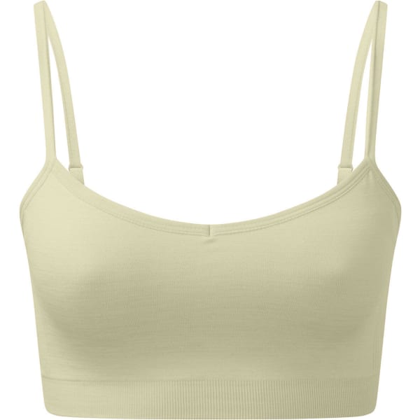 A light yellow, seamless sports bra with thin straps and a fitted design. It features a logo on the side.