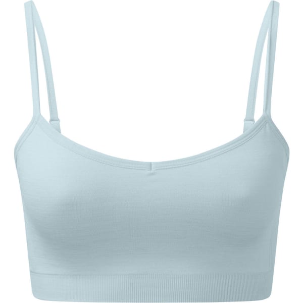 A light blue seamless sport bra with thin straps and a soft fabric, featuring a branding logo.