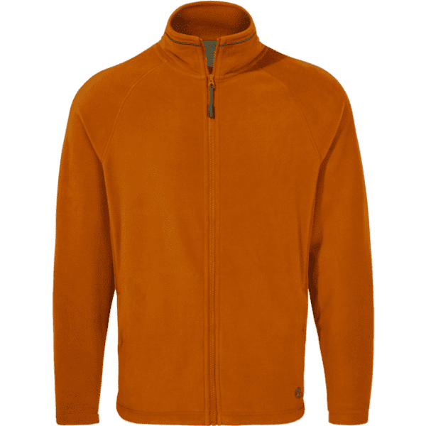 An orange fleece jacket, featuring a zip front and a collar, with a small logo at the bottom.