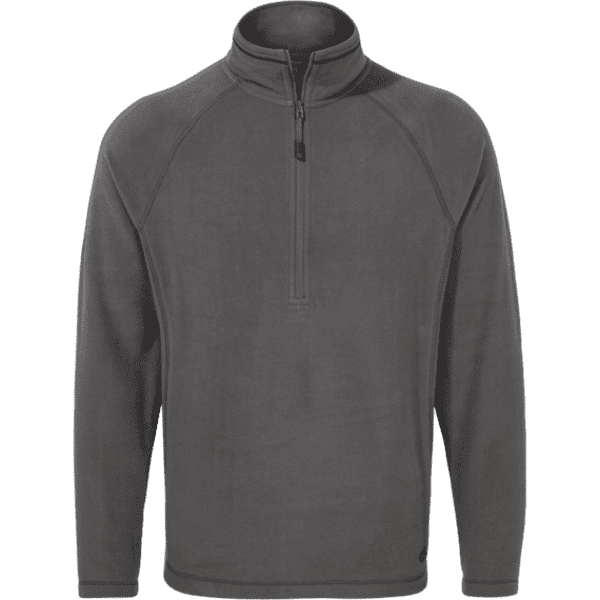 A grey fleece half zip jumper with a high collar and a logo. Suitable for workwear.