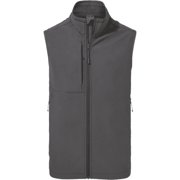 A softshell vest in dark grey, featuring a front zip and one chest pocket, with branding on the fabric.