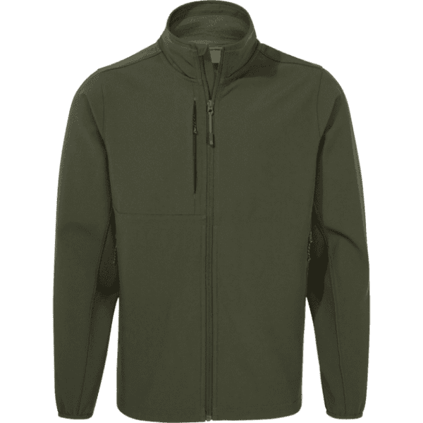 A softshell jacket in a dark green colour, featuring a zip front and multiple pockets. It has a logo on it.