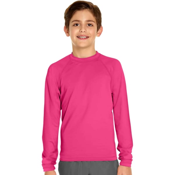 A long-sleeve rashie in bright pink, featuring UPF 50+ protection. The shirt has a simple design and includes a logo.