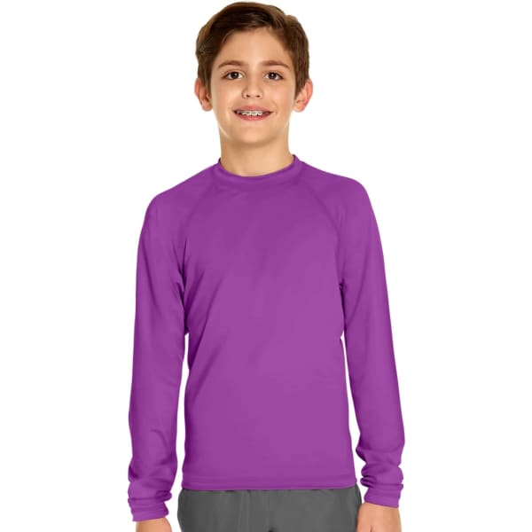 A youth long sleeve rashie in purple, designed for UV protection, with a logo prominently displayed.