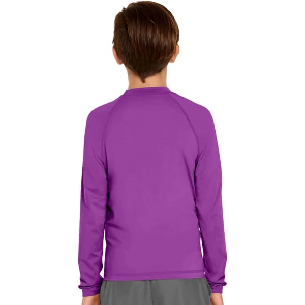 A youth long sleeve rashie in purple with a plain design at the back. It has a logo on the upper section.