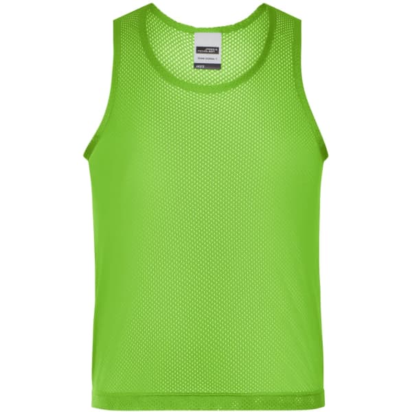 A green mesh singlet with a round neck and wide armholes, featuring a branding logo.