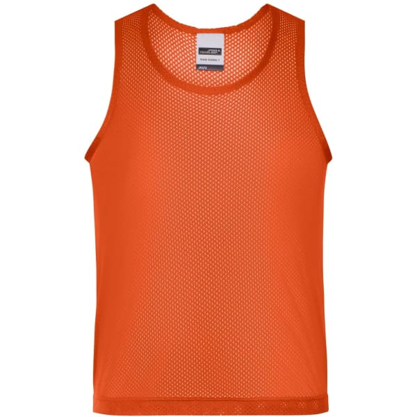 An orange mesh training tank top featuring a round neck and no sleeves. It has a brand logo on the label.