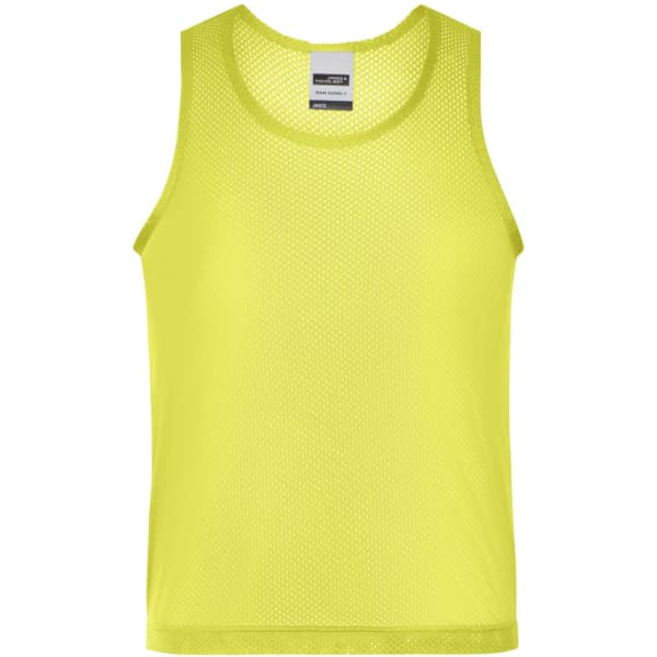 A bright yellow mesh tank top with a round neckline. It features a branding label inside.
